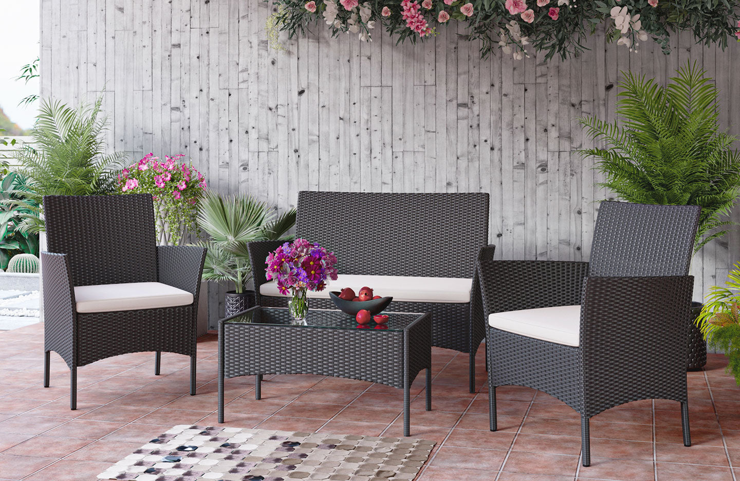 Rattan Garden Furniture 4 Piece Patio Set with 2 Single Chairs, 1 Double Sofa and 1 Table Black Price Comparisons | Compare The Build