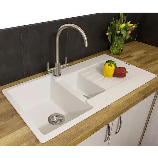 Reginox Harlem15 Pure White Granite 1.5 Bowl Kitchen Sink with Genesis Brushed Nickel Mixer Tap Price Comparisons | Compare The Build