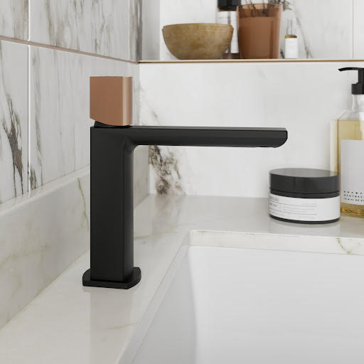 Vitusso Ferentino Basin Mixer Tap - Matt Black with Rose Gold Handle Price Comparisons | Compare The Build