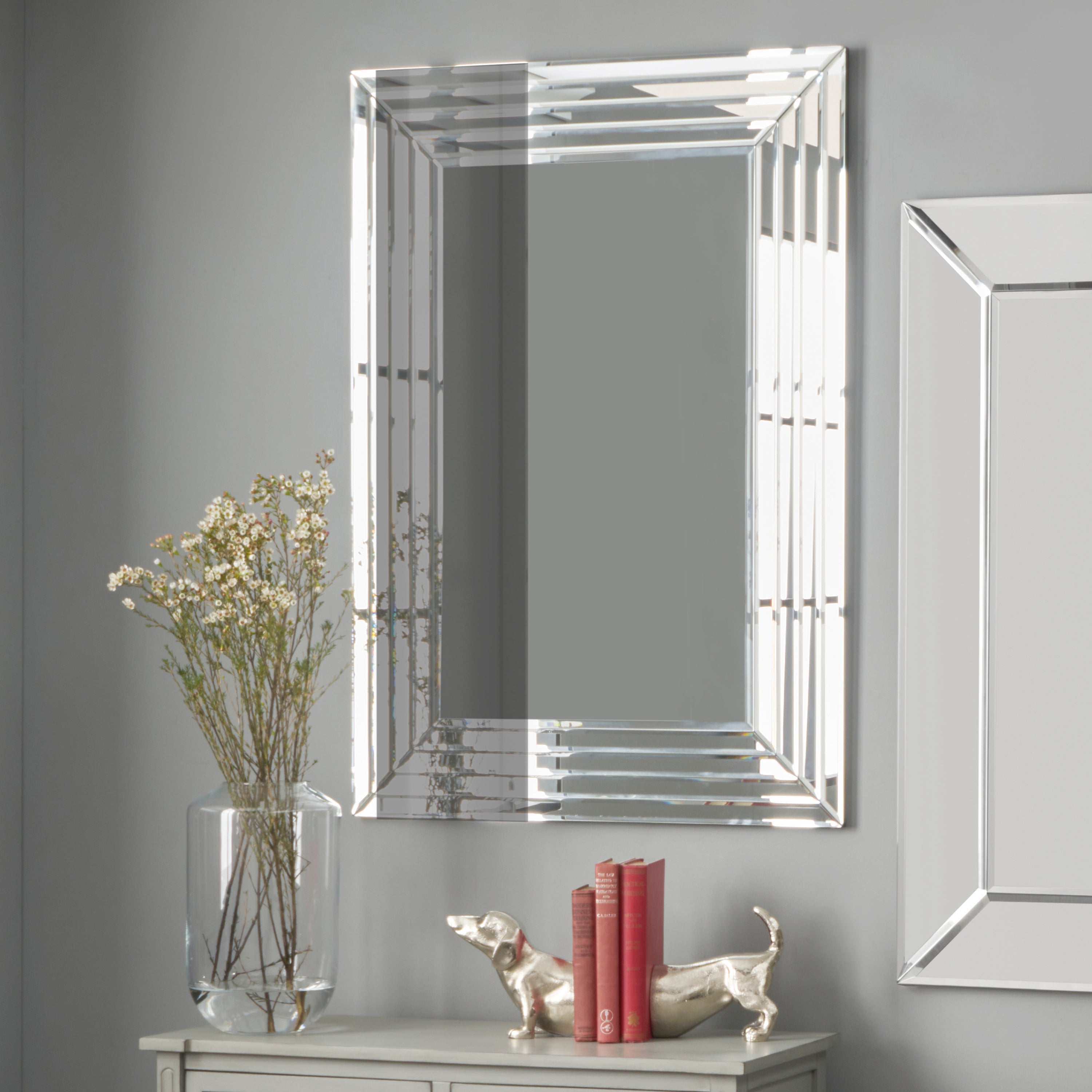 Mirrored Glass Art Deco Rectangular Wall Mirror, 70 x 100cm Silver | Compare The Build