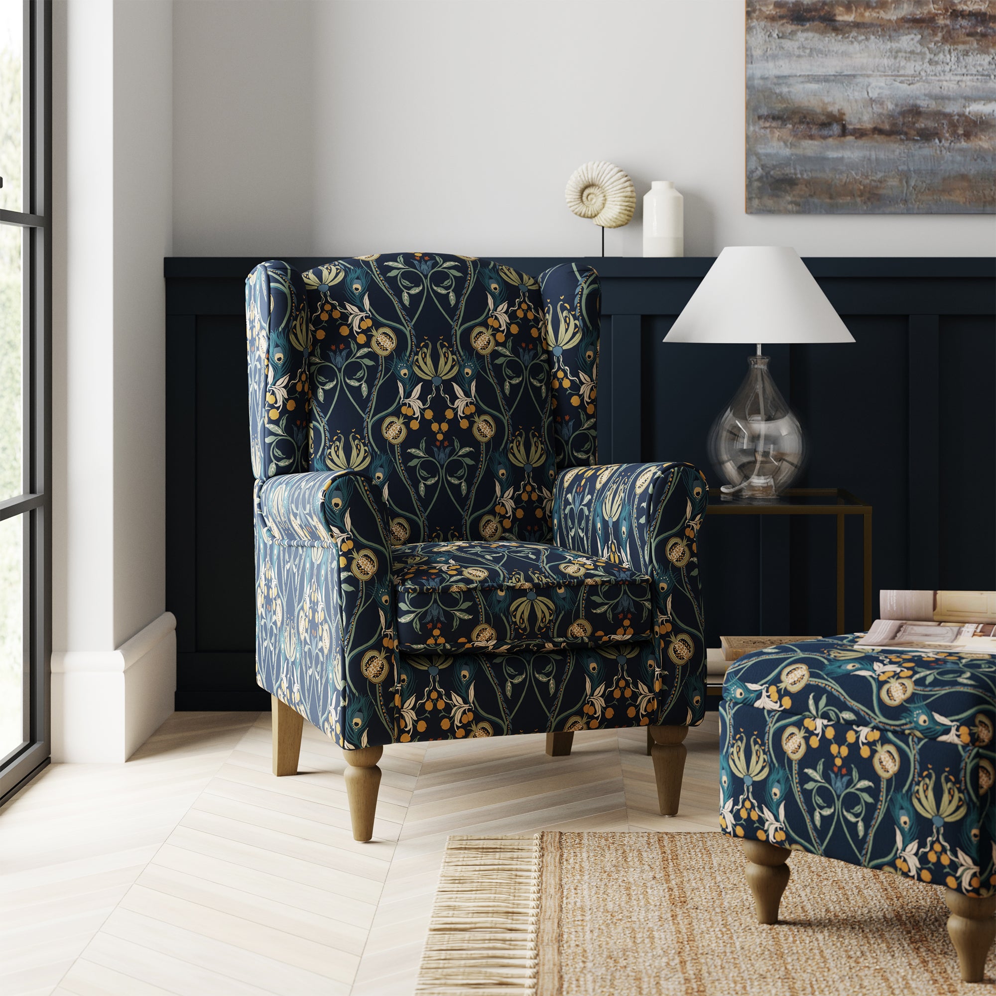 Oswald Navy Havisham Print Wingback Armchair Navy Blue/Green Price Comparisons | Compare The Build