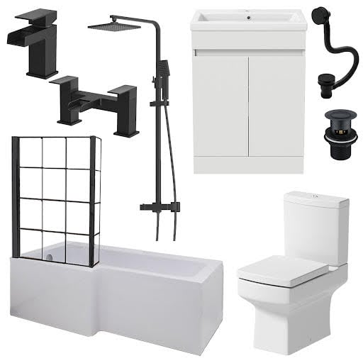 Affine Royan Black Bathroom Suite with L Shape Shower Bath 1700 & Artis Vanity Unit Left Hand Price Comparisons | Compare The Build