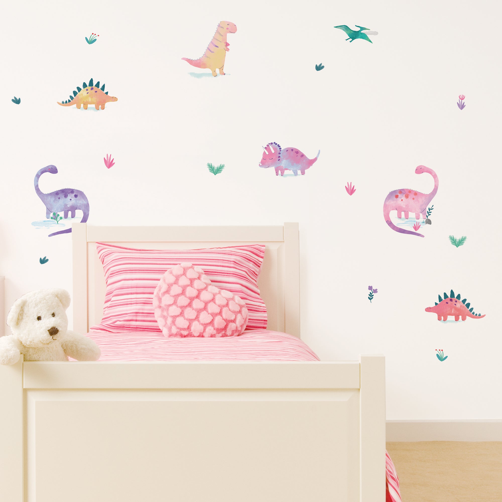 Dinosaur Pink Medium Wall Stickers Pink/Blue/White Price Comparisons | Compare The Build