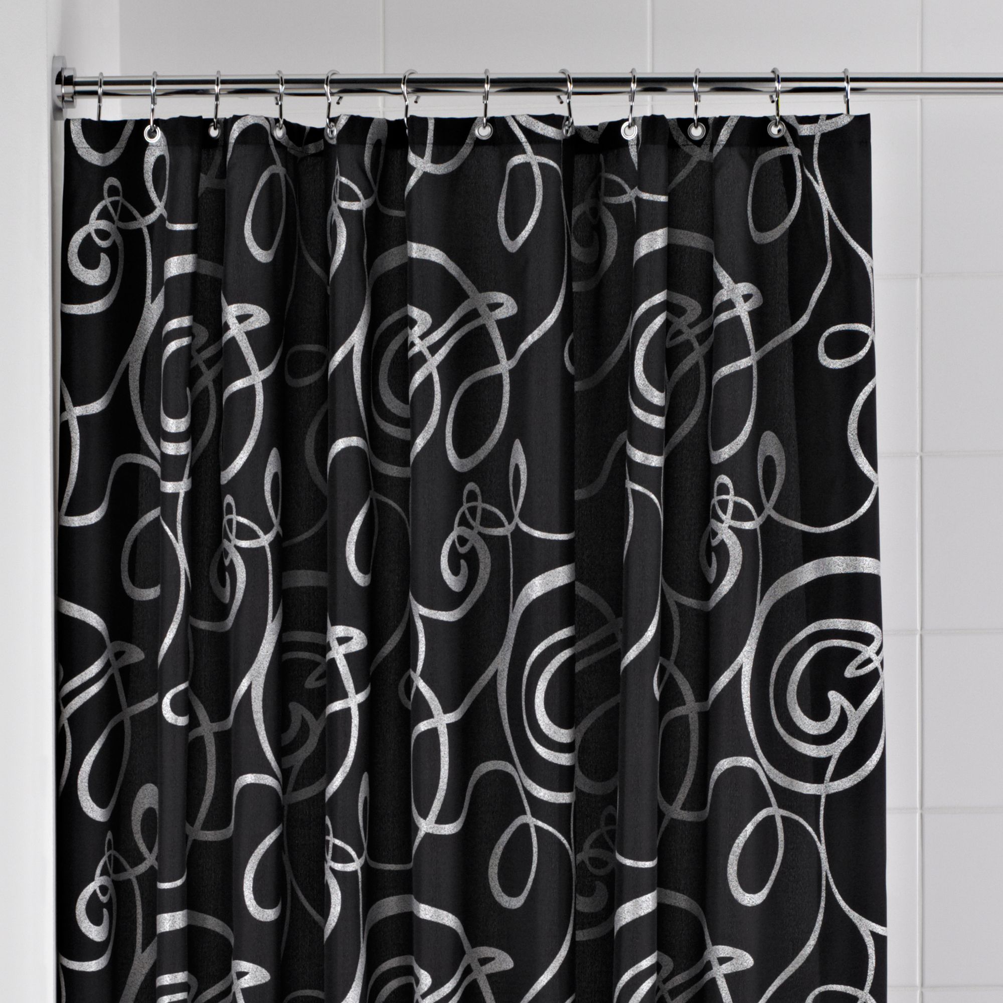 Cooke & Lewis Black & Silver Squiggle Shower Curtain With Basket (L)1800 mm | Compare The Build