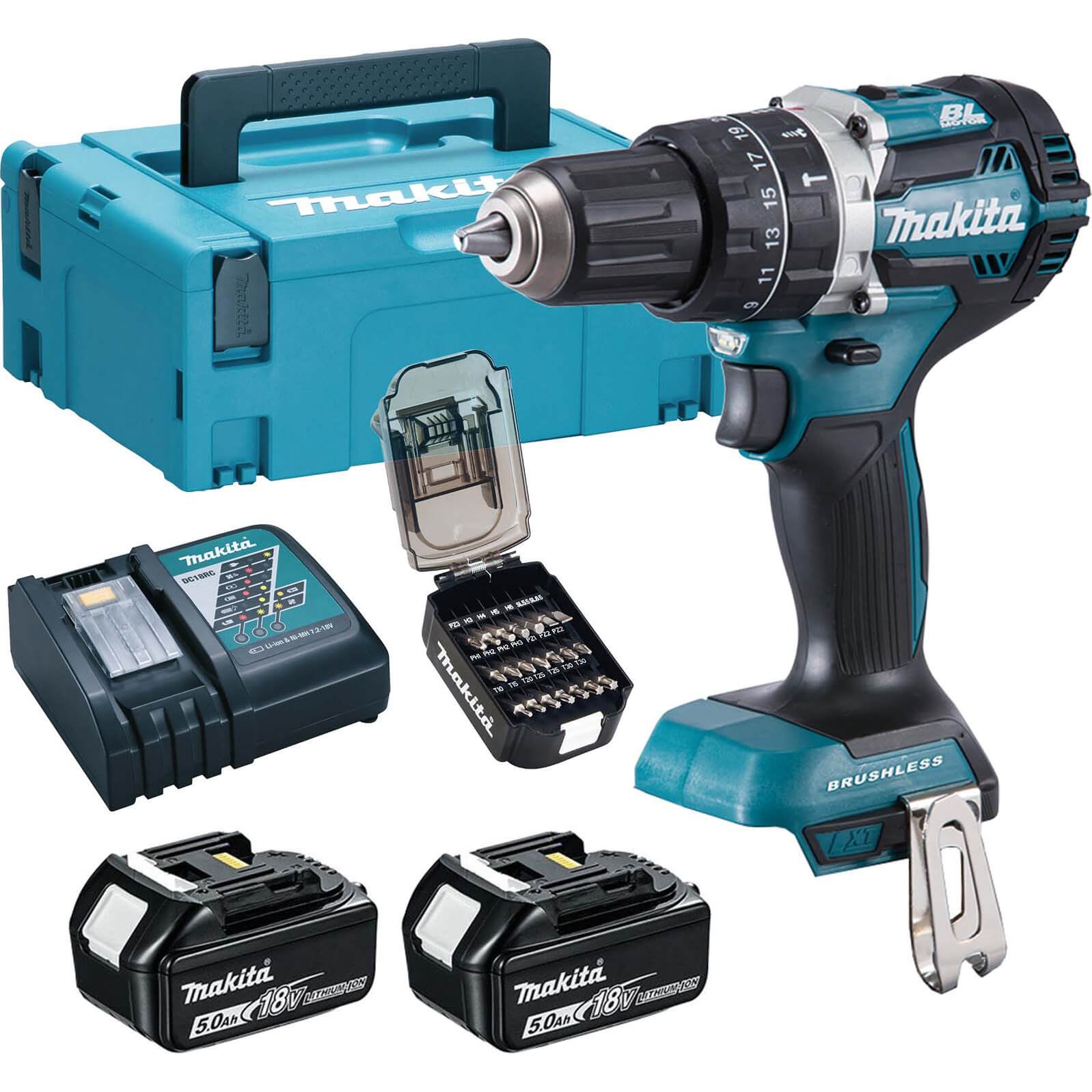 Makita DHP484 18v LXT Cordless Brushless Combi Drill 2 x 5ah Li-ion Charger Case & 21 Accessories Price Comparisons | Compare The Build