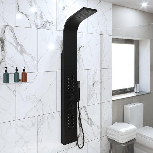 Merano Thermostatic Shower Tower Panel with Handset & 2 Body Jets - Matt Black | Compare The Build