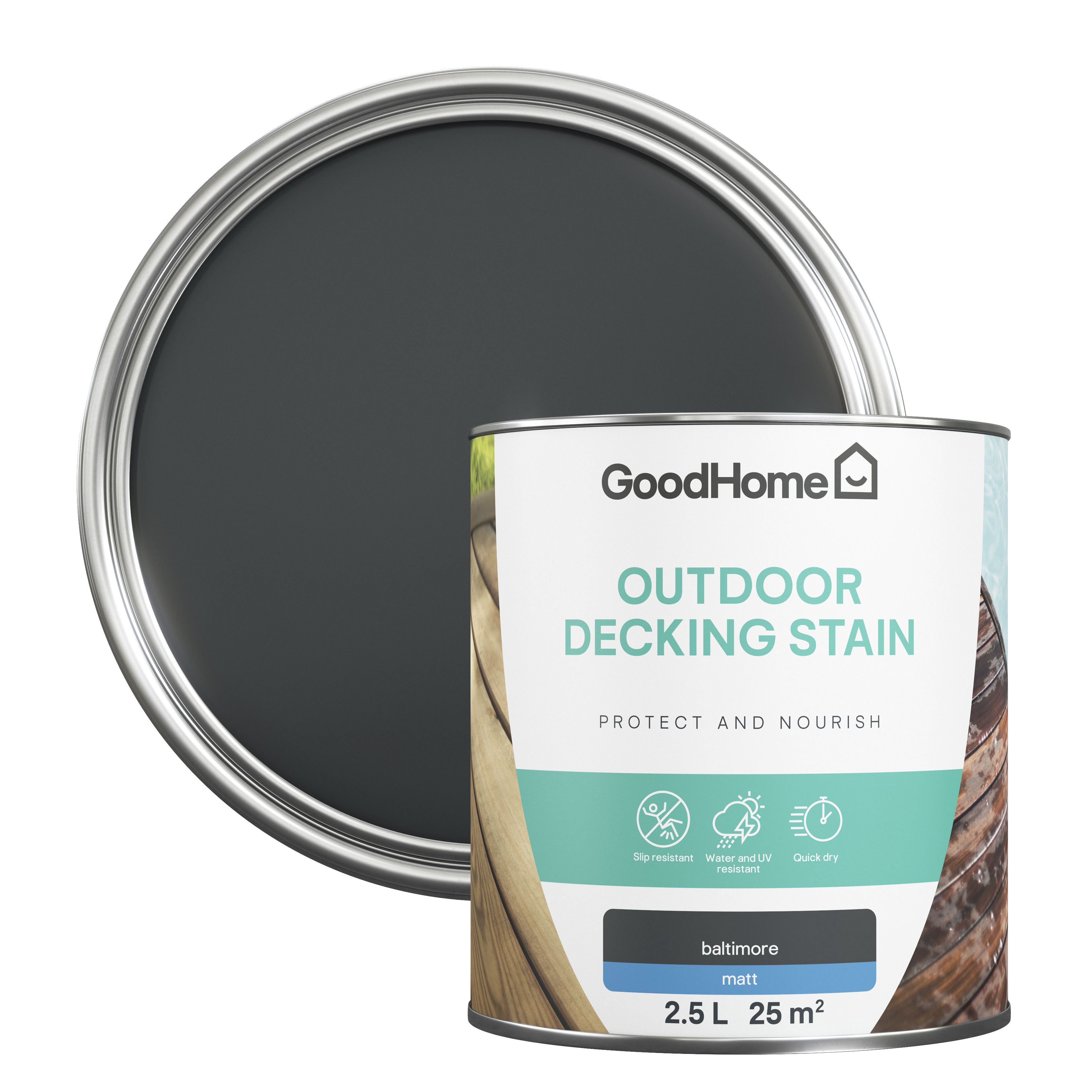 GoodHome Baltimore Matt Quick Dry Decking Wood Stain, 2.5L | Compare The Build