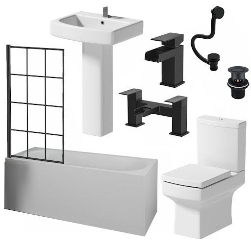 Affine Royan Black Bathroom Suite with Single Ended Shower Bath 1700 & Full Pedestal Basin Price Comparisons | Compare The Build