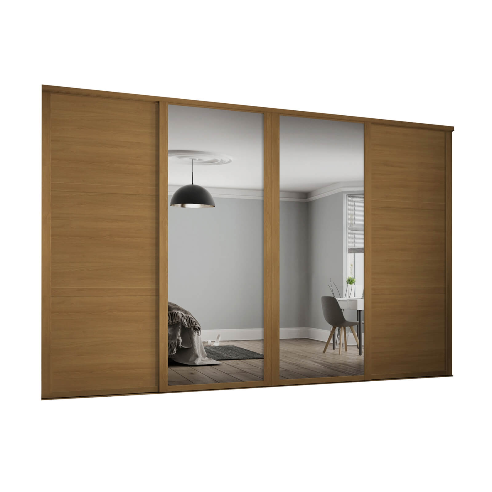Shaker 4 Door Sliding Wardrobe Kit Oak Panel / Mirror with Oak Frame (W)3506 x (H)2260mm Price Comparisons | Compare The Build