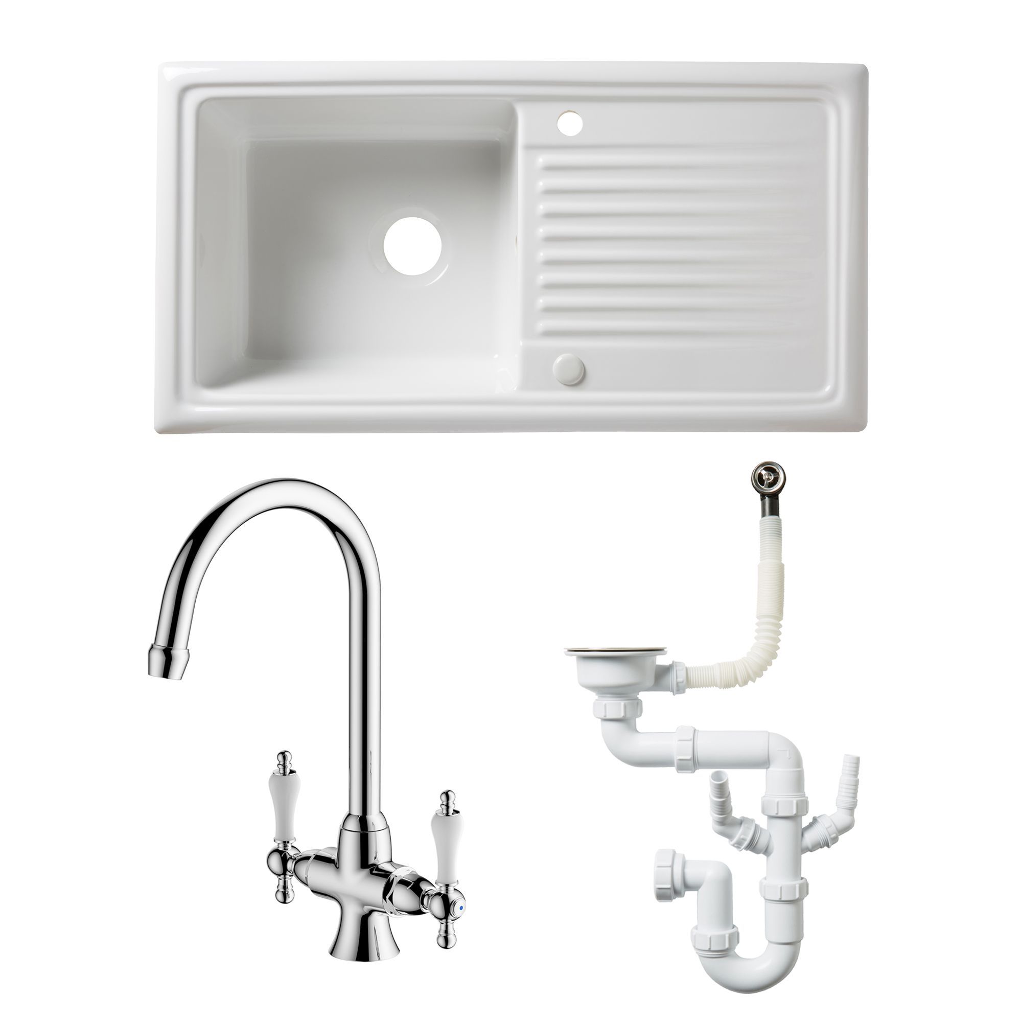 Cooke & Lewis White Ceramic 1 Bowl Sink, Tap & Waste Kit Price Comparisons | Compare The Build