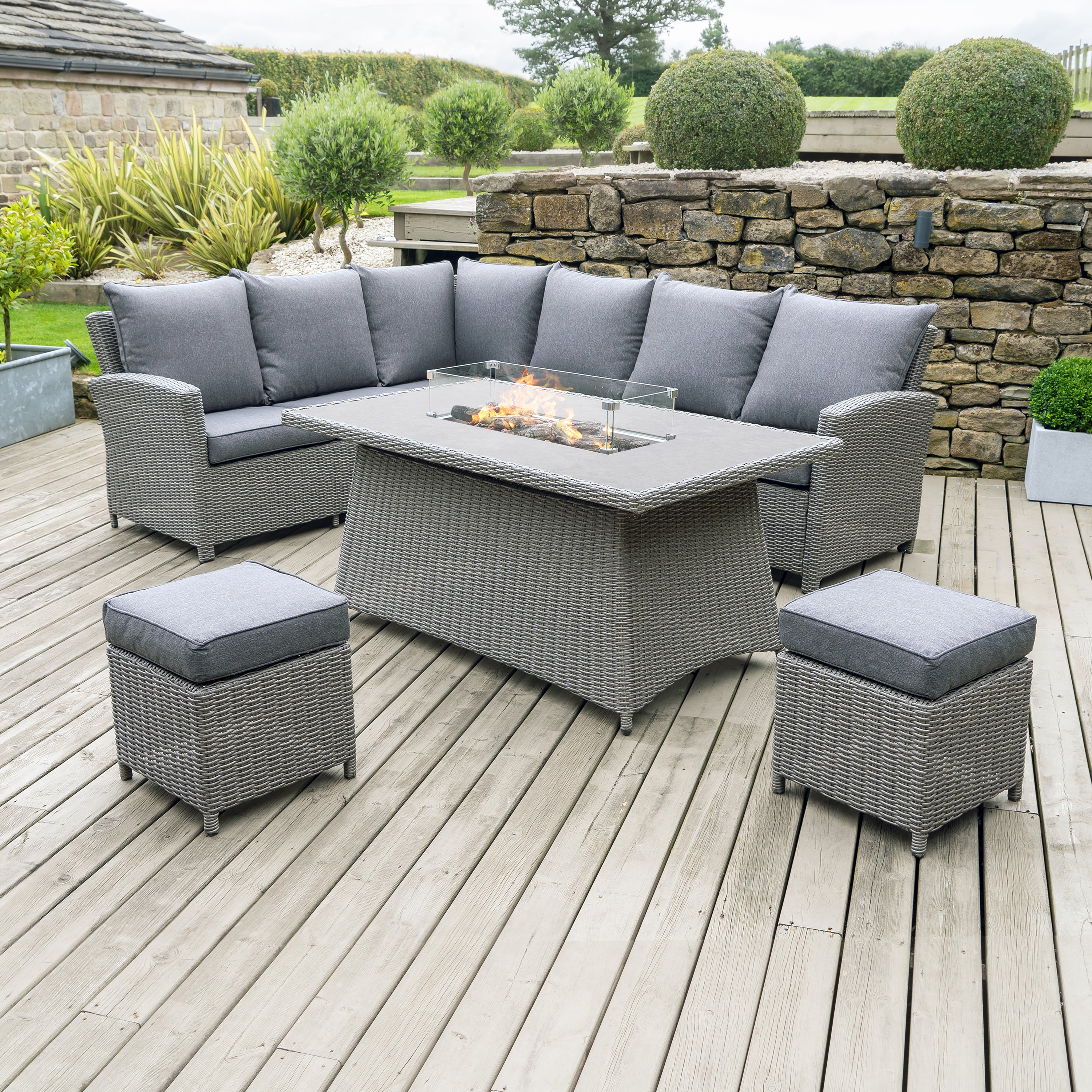 Barbados Long Right Rattan Corner Set & Fire Pit Slate (Grey) | Compare The Build