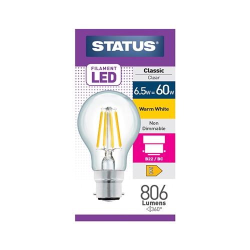 Status 6.5 = 60w = 806 lumens - Filament LED - A60 GLS - BC - Clear - Warm White Price Comparisons | Compare The Build