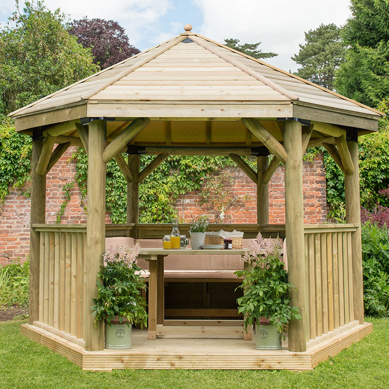 12'x10' (3.6x3.1m) Luxury Wooden Furnished Garden Gazebo with Traditional Timber Roof - Seats up to 10 people Price Comparisons | Compare The Build