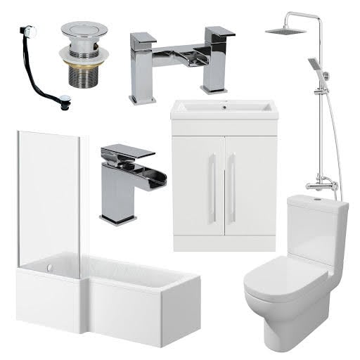 Oceane Complete Bathroom Suite with L Shape Shower Bath & Aurora Vanity Unit - Left Hand 1700mm Price Comparisons | Compare The Build