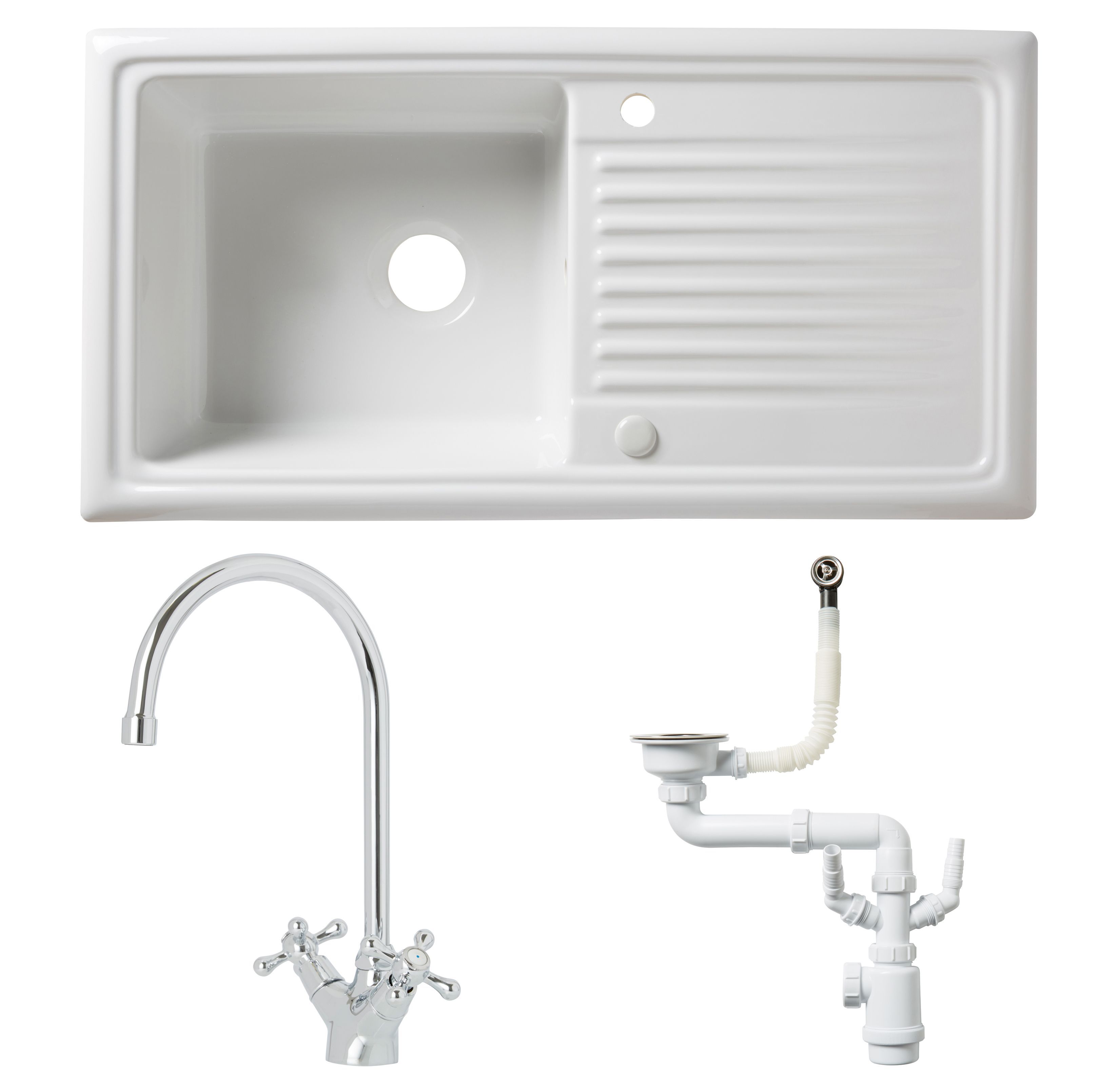 Cooke & Lewis Burbank White Ceramic 1 Bowl Sink, Tap & Waste Kit Price Comparisons | Compare The Build