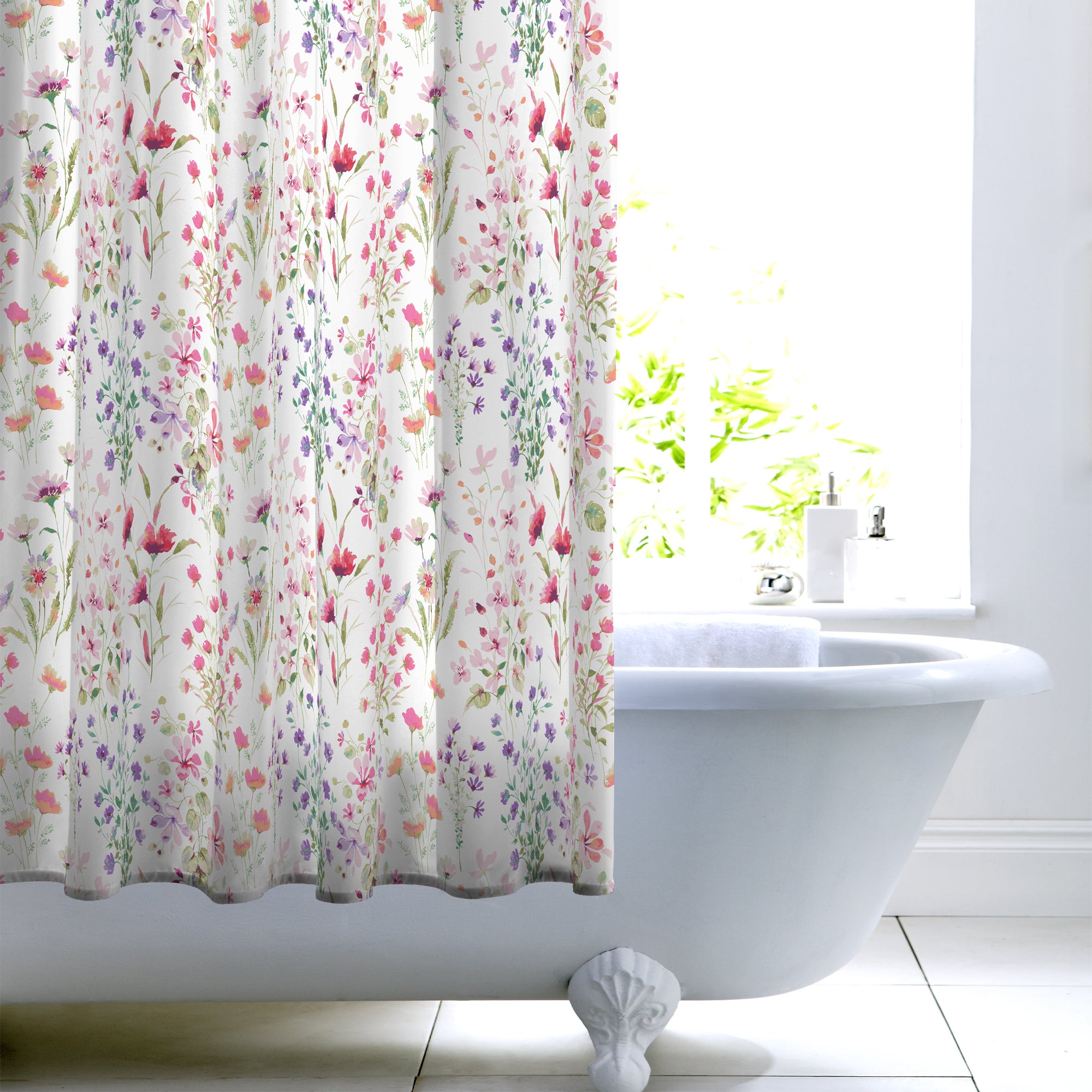 Watercolour Floral Shower Curtain White/Pink/Green Price Comparisons | Compare The Build