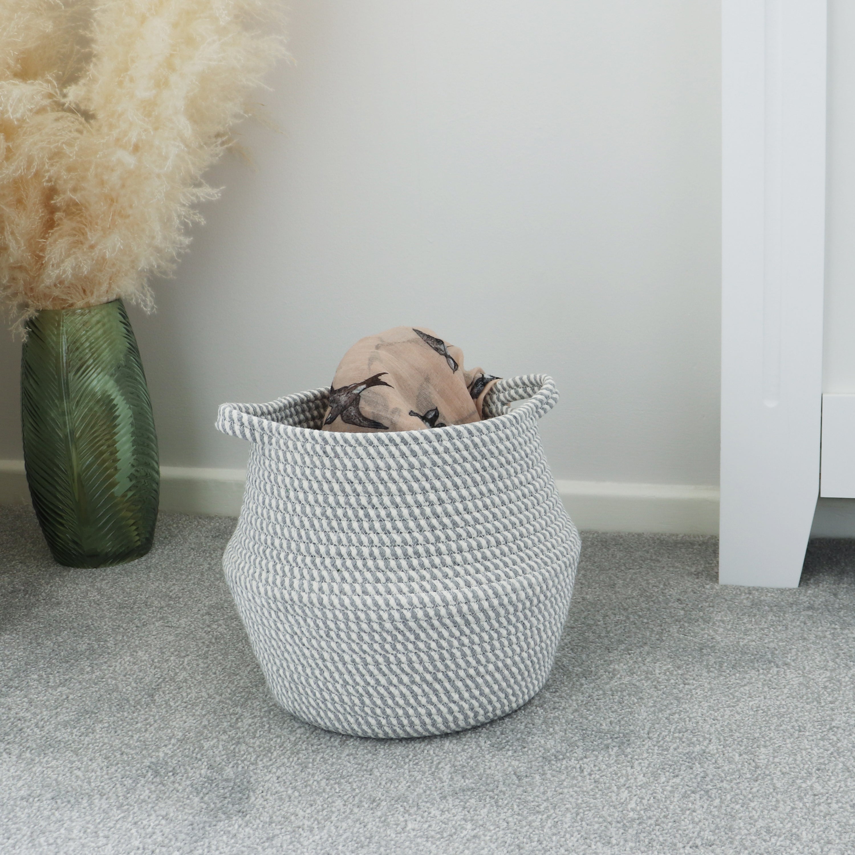 JVL Edison Round Belly Storage Basket White and Grey | Compare The Build