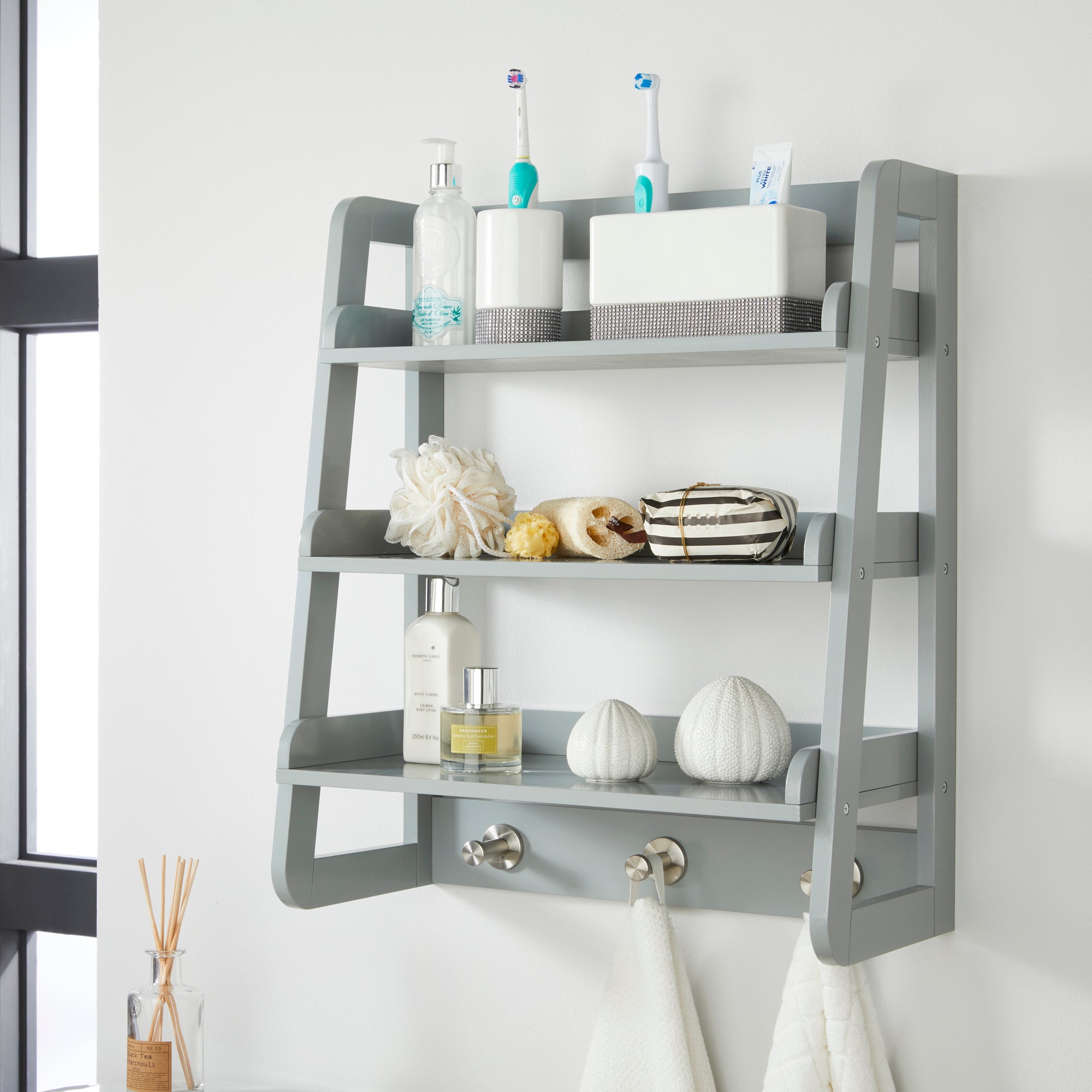 Vale Designs Wall Mounted Shelf with Hooks - Grey Price Comparisons | Compare The Build