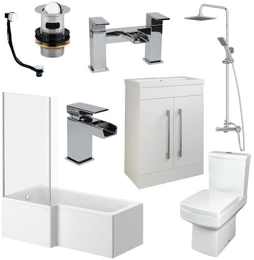 Royan Complete Bathroom Suite Bundle with L Shape Shower Bath & Aurora Vanity Unit Left Hand 1600mm Price Comparisons | Compare The Build