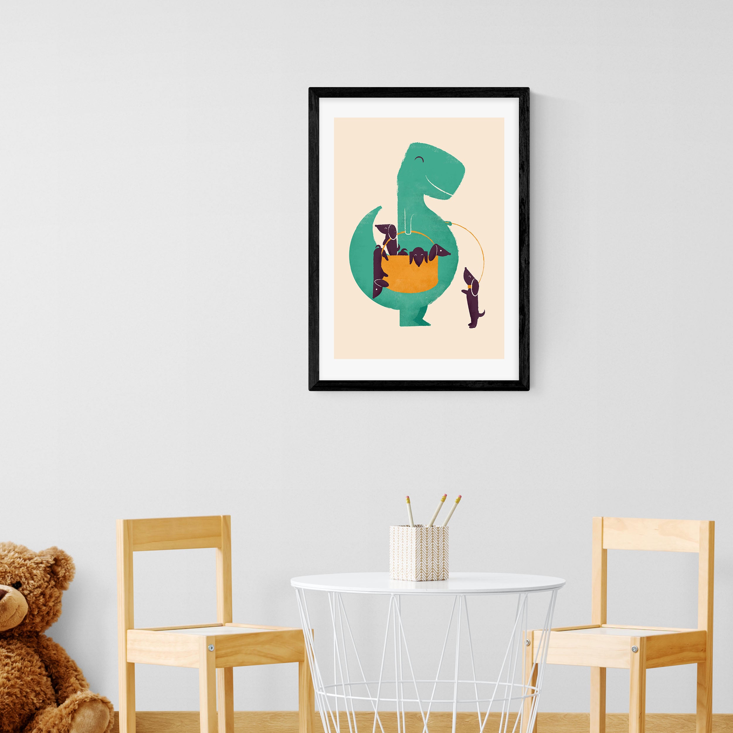 East End Prints T-Rex & his Basketful of Wiener Dogs Print MultiColoured Price Comparisons | Compare The Build