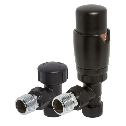 Towelrads Thermostatic Radiator Valve Angled and Lockshield Set Round Black 105 mm x 65 mm 129020 | Compare The Build