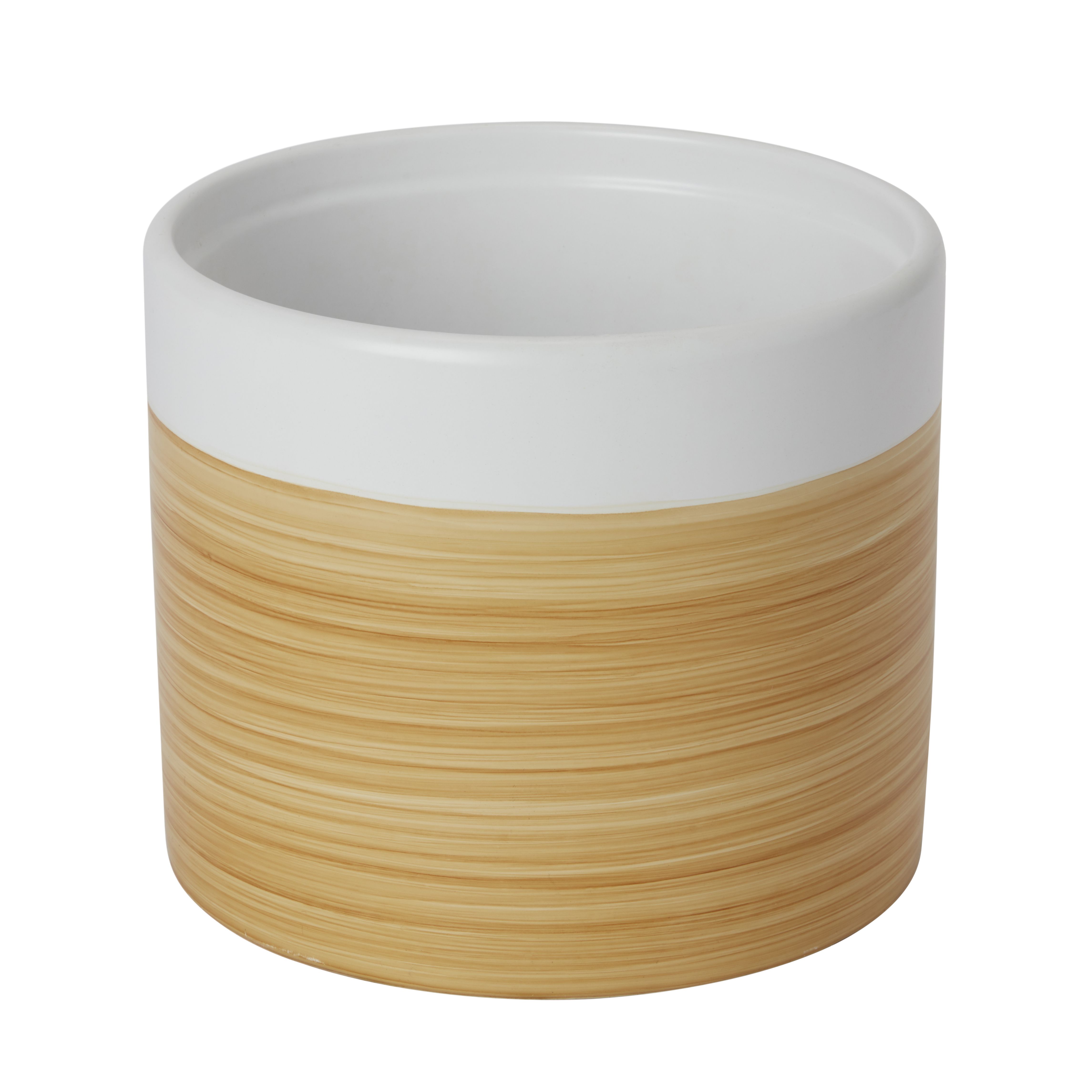 GoodHome White Ceramic Wood Effect Round Plant Pot (Dia)16.8Cm | Compare The Build