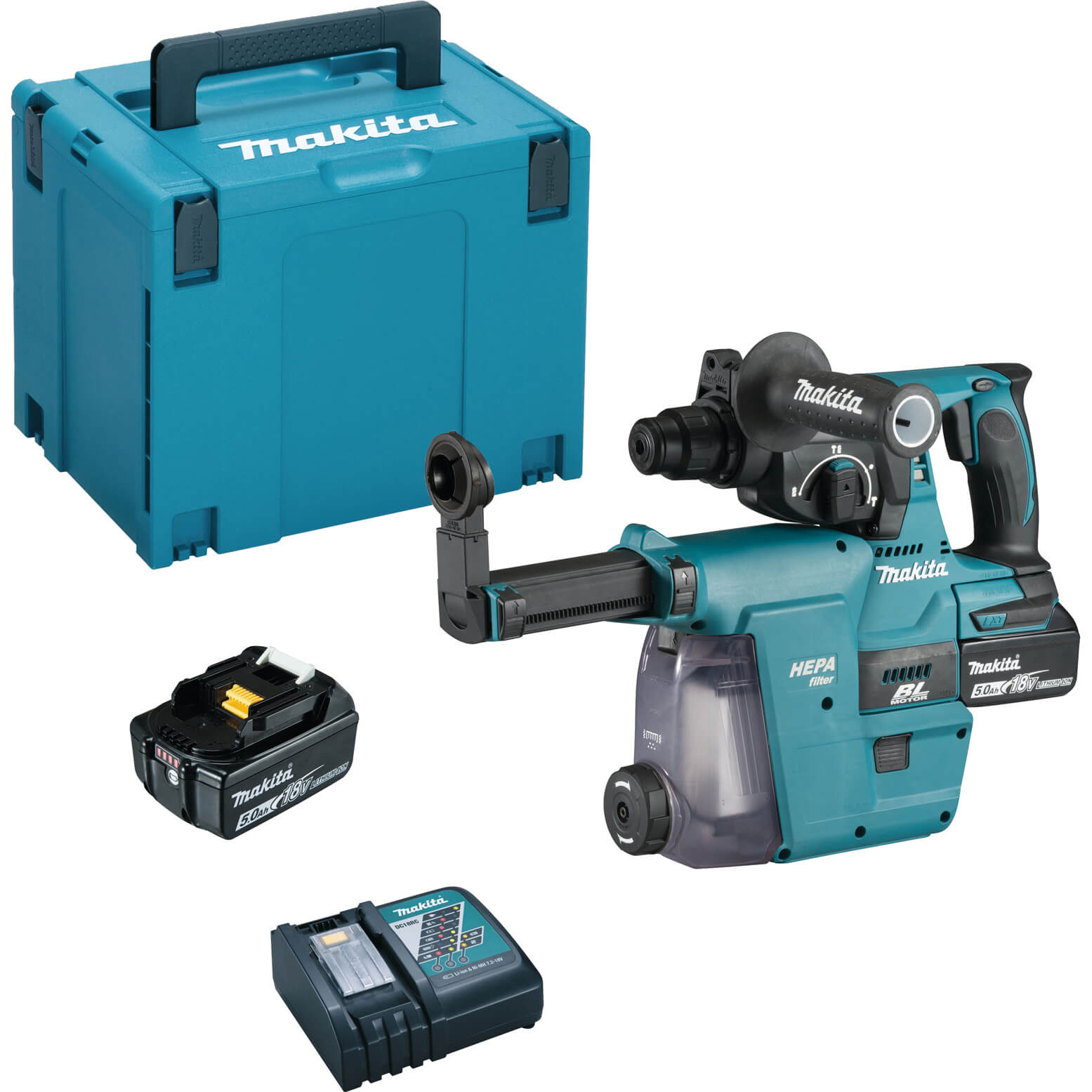 Makita DHR242 18v LXT Cordless SDS Drill and DX06 Dust Attachment 2 x 5ah Li-ion Charger Case | Compare The Build