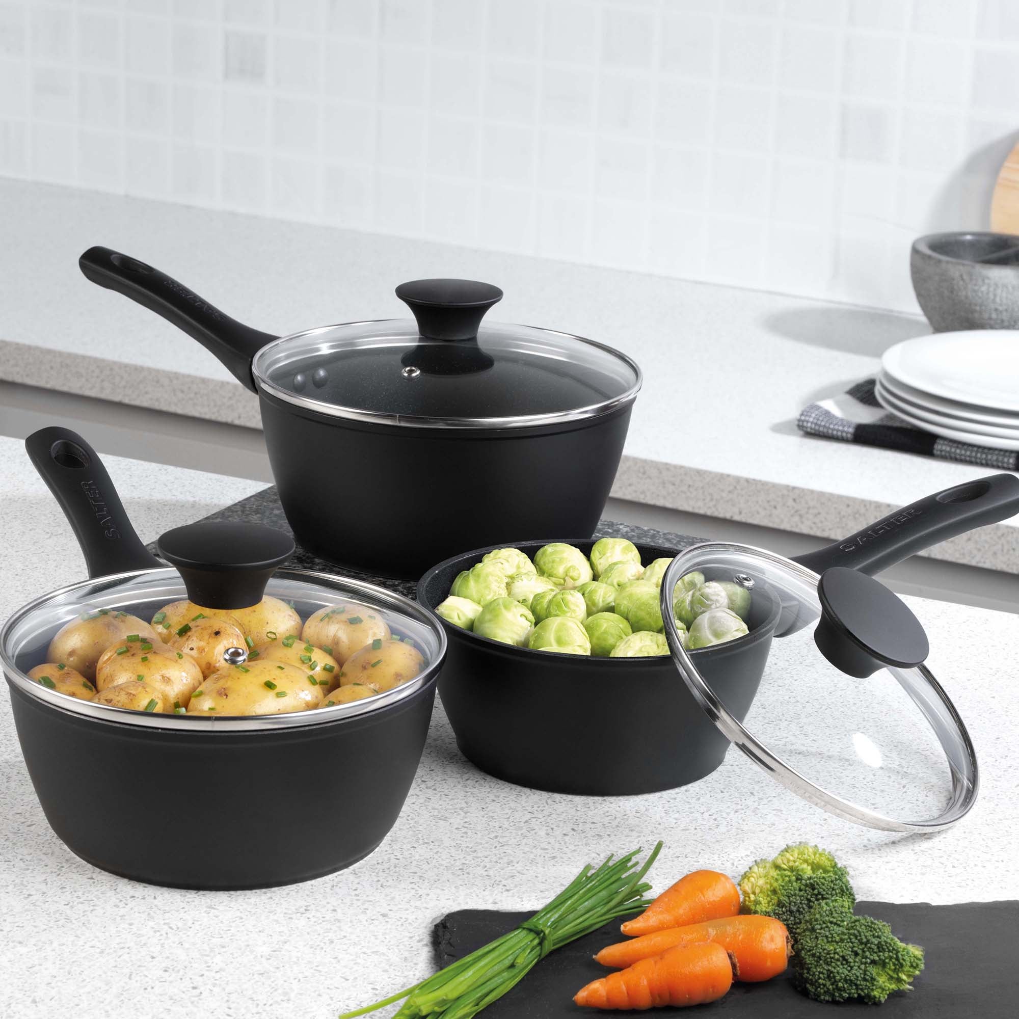 Salter Geo Hex 3 Piece Pan Set Black Price Comparisons | Compare The Build