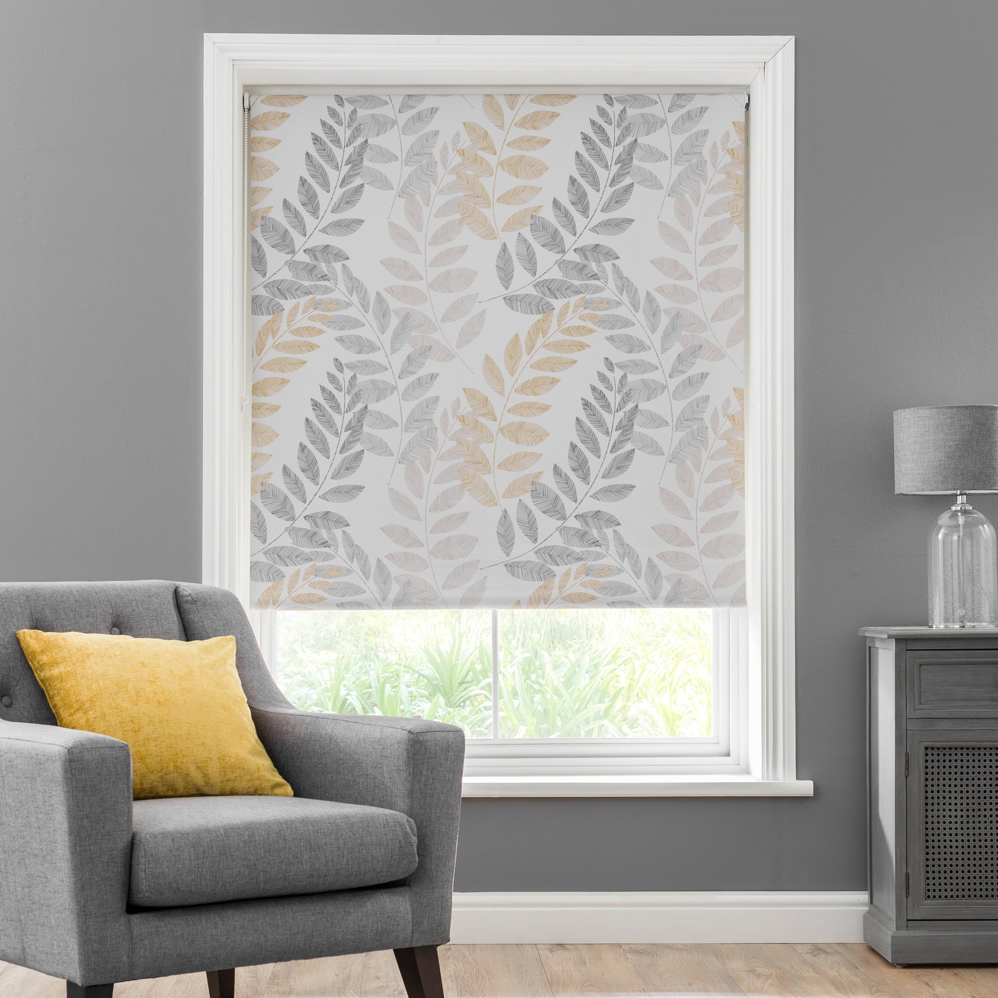 Leah Leaf Ochre Blackout Roller Blind Grey Price Comparisons | Compare The Build
