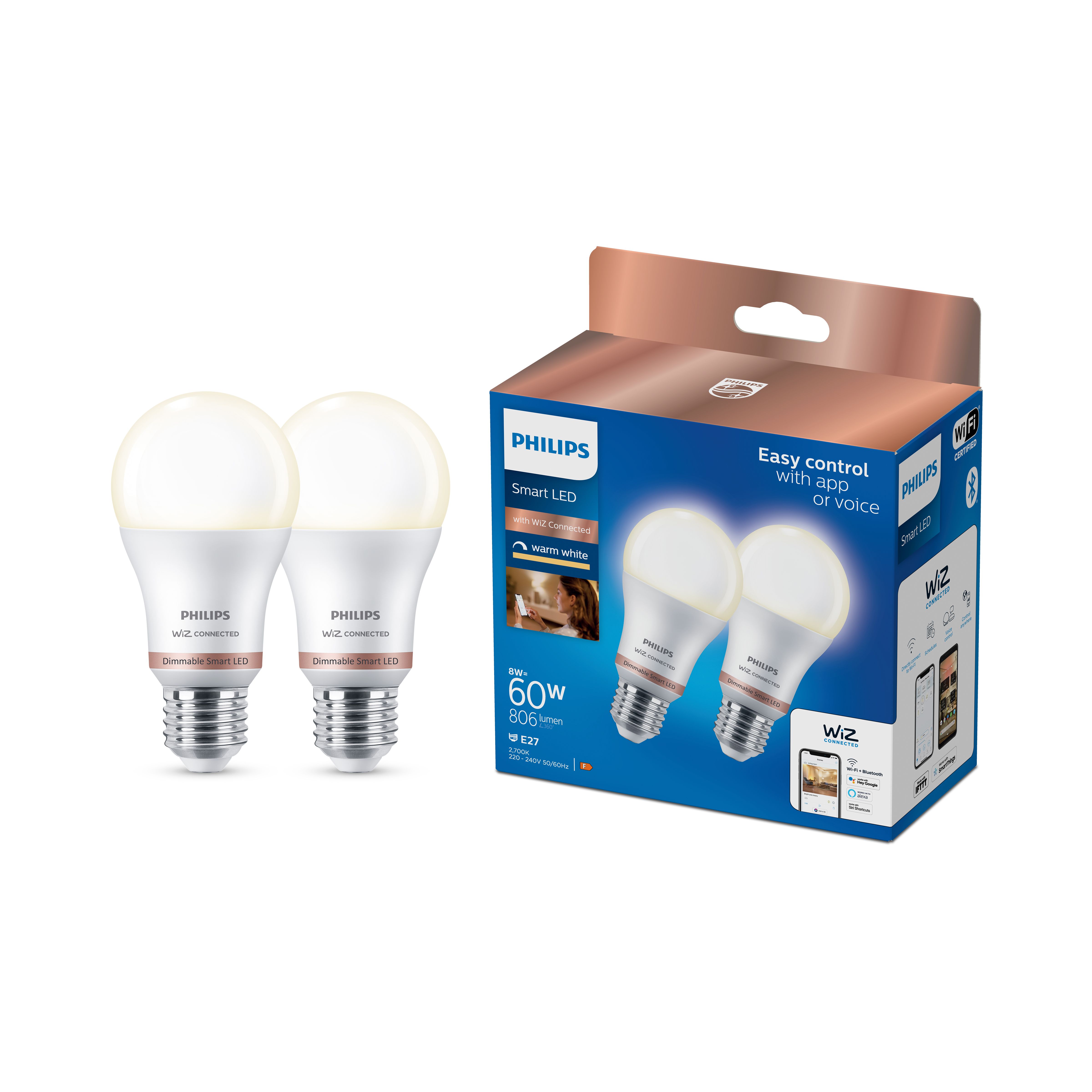 Philips Wiz E27 60W Led Cool White A60 Smart Light Bulb, Pack Of 2 Price Comparisons | Compare The Build