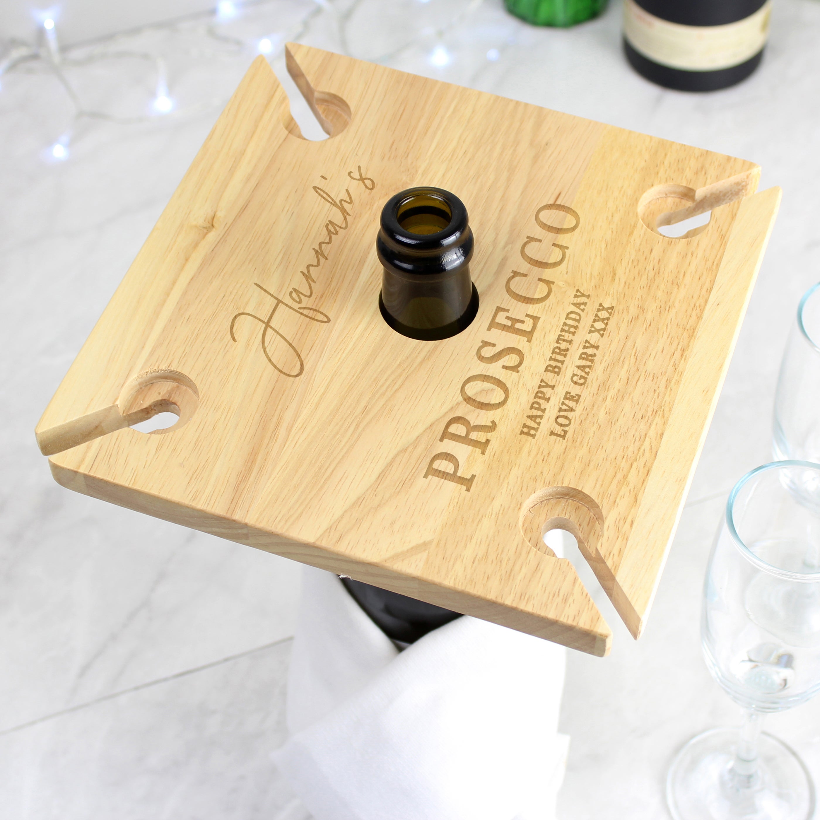 Personalised Wooden Four Wine Glasses and Bottle Holder Natural | Compare The Build