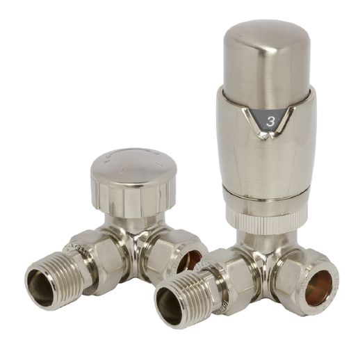 Towelrads Corner Thermostatic Radiator Valve and Lockshield Set Round Brushed Nickel 105 mm x 65 mm 129024 Price Comparisons | Compare The Build