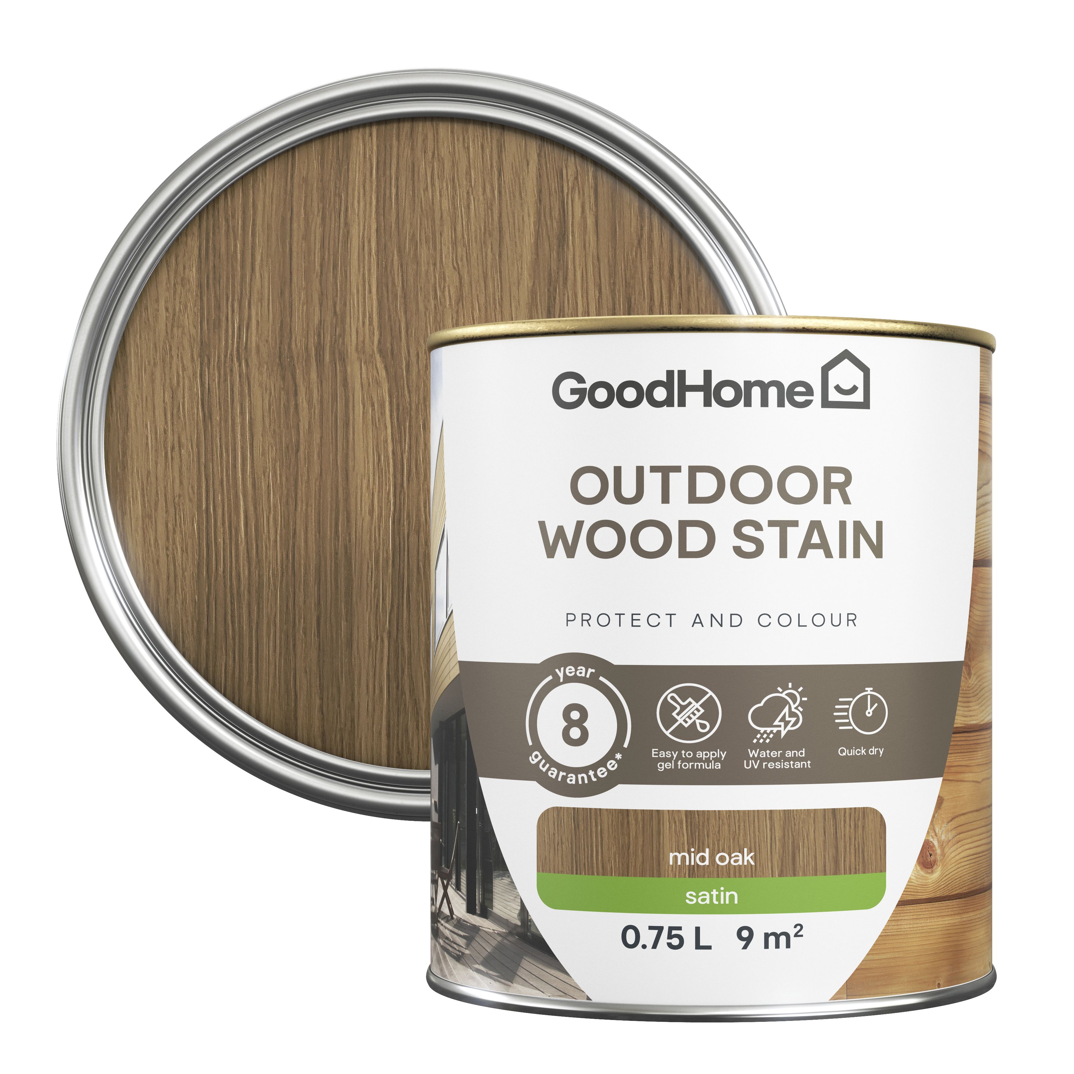 GoodHome Outdoor Mid Oak Satin Quick Dry Wood Stain, 750Ml | Compare The Build