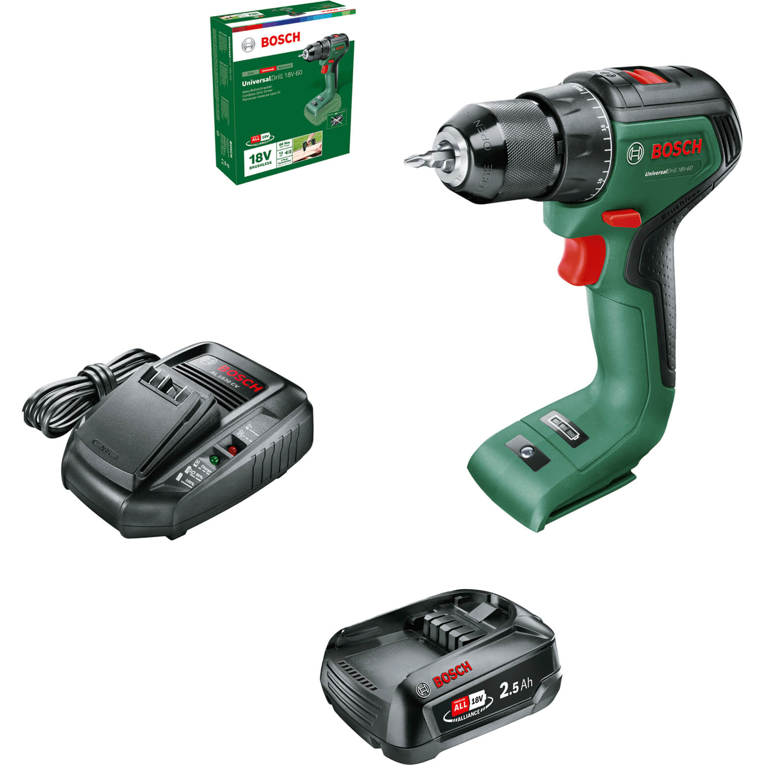 Bosch UNIVERSALDRILL 18V-60 18v Cordless Drill Driver 1 x 2.5ah Li-ion Charger No Case | Compare The Build