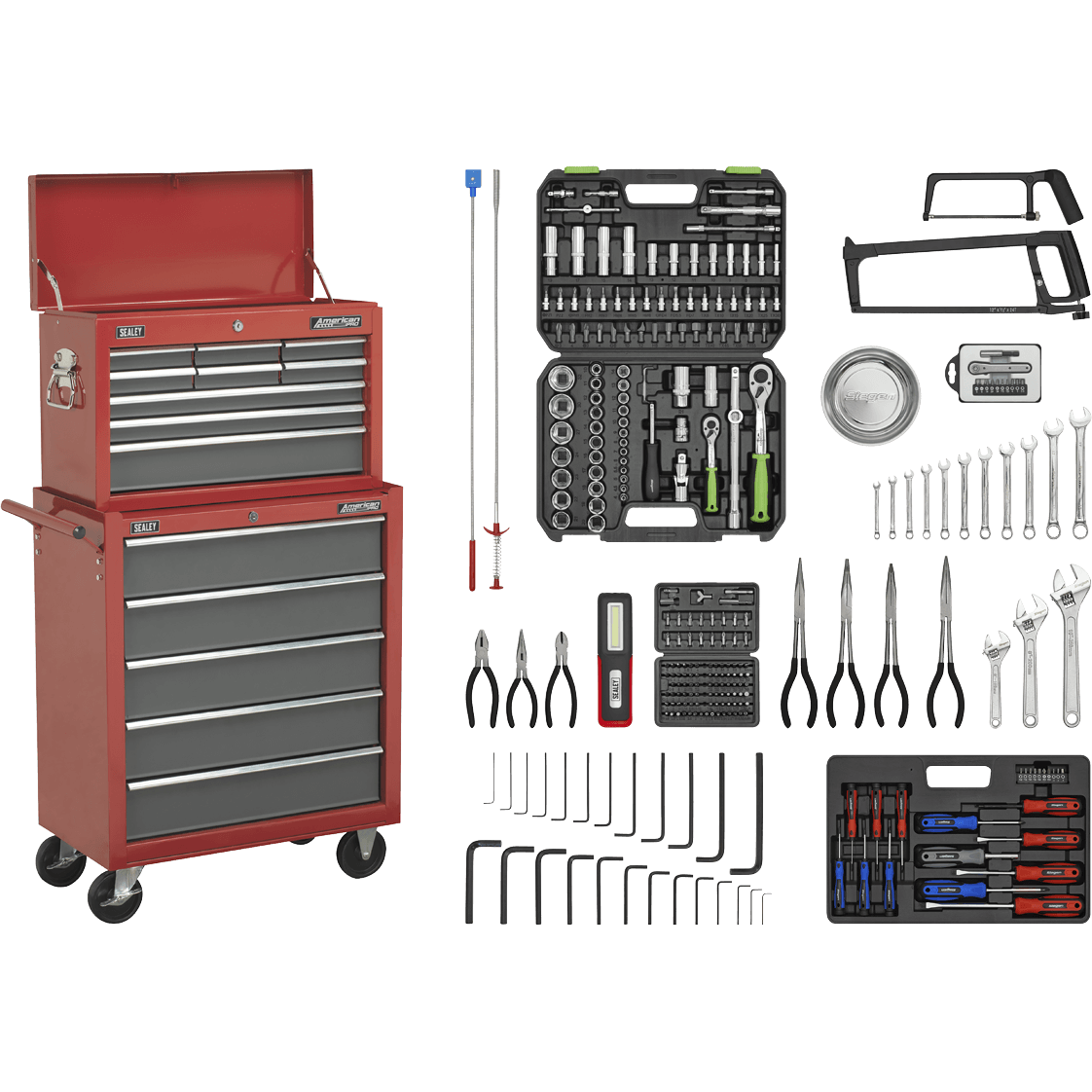 Sealey American Pro 14 Drawer Roller Cabinet and Tool Chest + 239 Piece Tool Kit Red / Grey Price Comparisons | Compare The Build