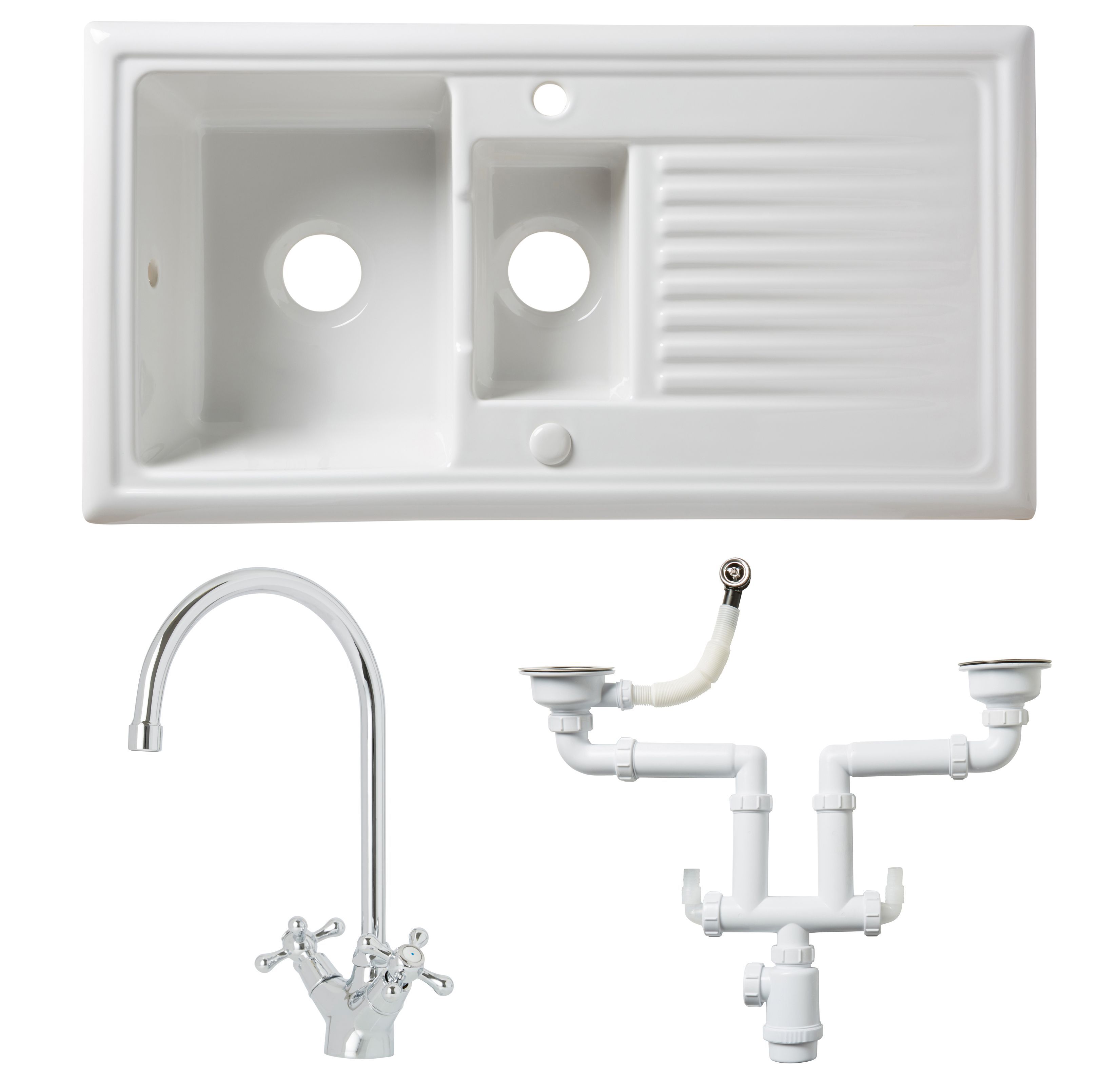 Cooke & Lewis Burbank White Ceramic 1.5 Bowl Sink, Tap & Waste Kit | Compare The Build