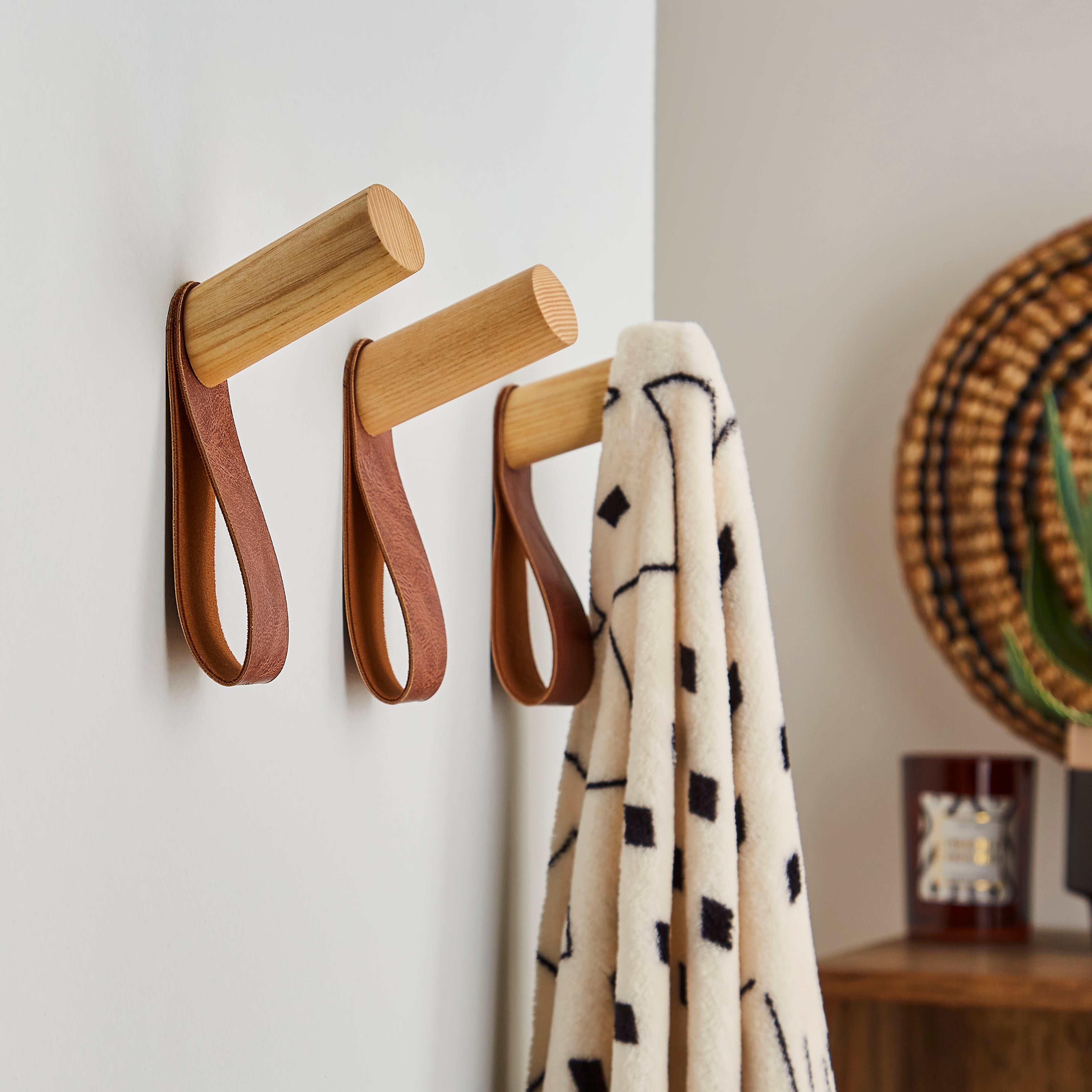 Set of 3 Artisan Wall Hooks with Leather Straps Natural | Compare The Build