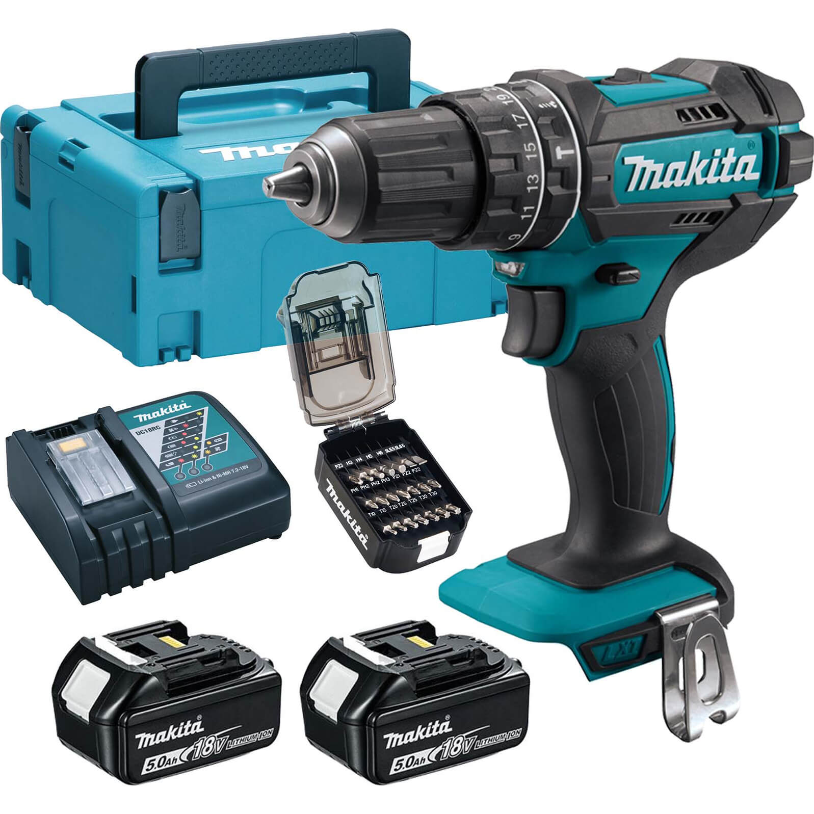 Makita DHP482 18v LXT Cordless Combi Drill 2 x 5ah Li-ion Charger Case & 21 Accessories | Compare The Build