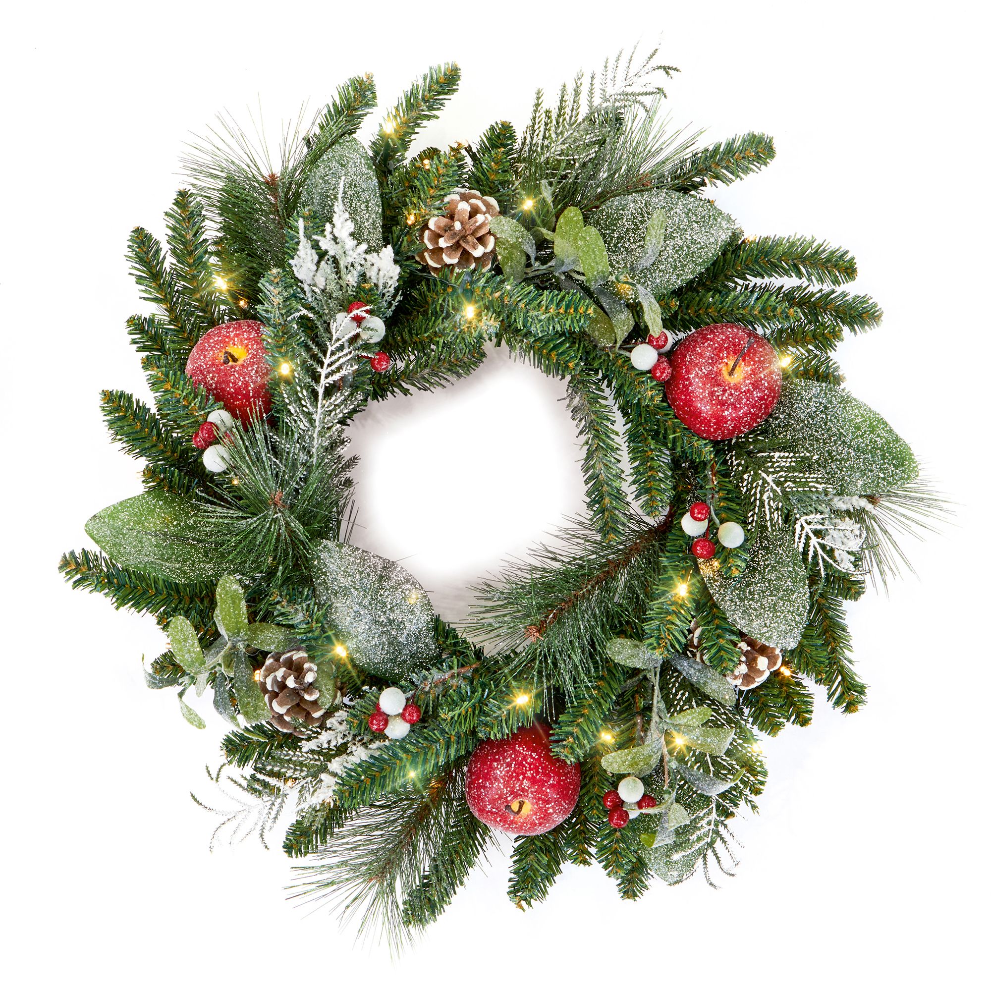 60Cm Prelit Green Frosted Apple & Pinecone Christmas Wreath Price Comparisons | Compare The Build