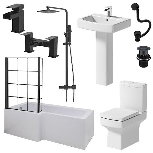 Affine Royan Black Bathroom Suite with L Shape Shower Bath 1700 & Full Pedestal Basin Left Hand Price Comparisons | Compare The Build