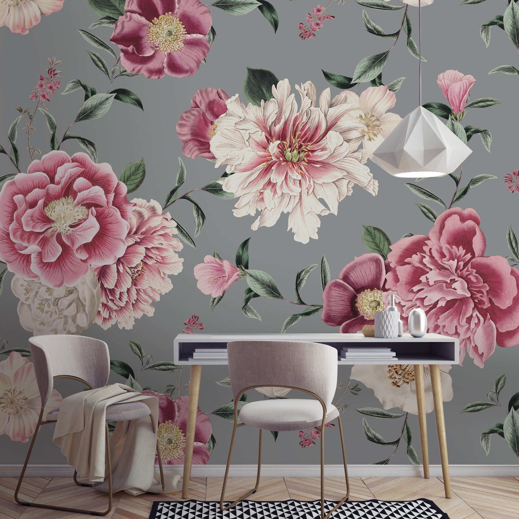 Vintage Floral Grey Mural Grey/Green/Pink | Compare The Build