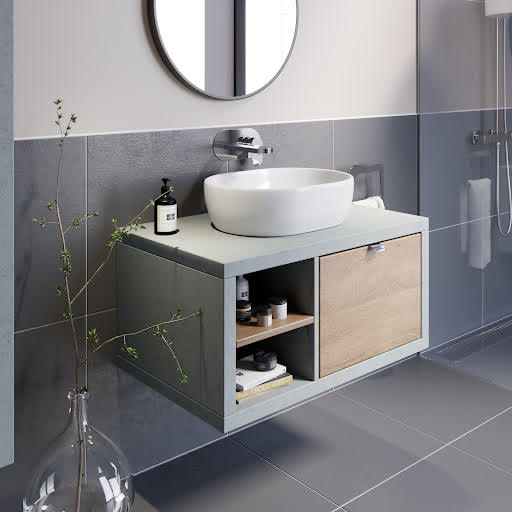 Vitusso Concrete Grey & Wood Wall Hung Vanity Unit & St Tropez Countertop Basin with Shelf 800mm LH Price Comparisons | Compare The Build