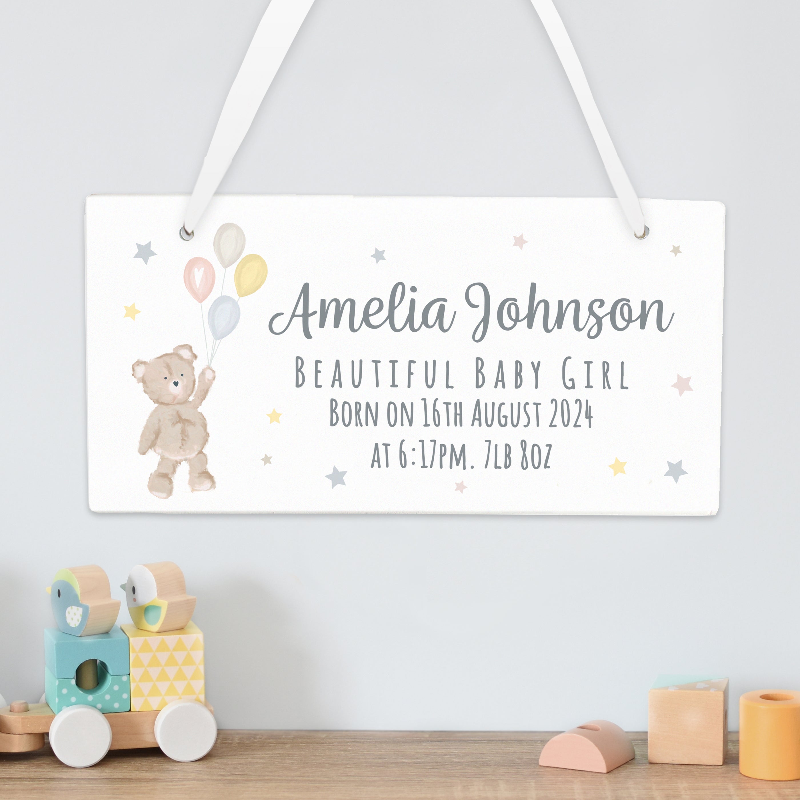 Personalised Teddy and Balloons White Wooden Sign White Price Comparisons | Compare The Build