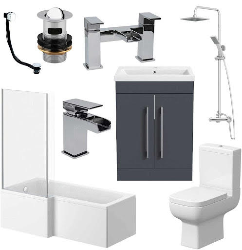 Amelie Bathroom Suite with L Shape Bath, Taps, Shower, Screen & Aurora Vanity Unit Left Hand 1600mm Price Comparisons | Compare The Build