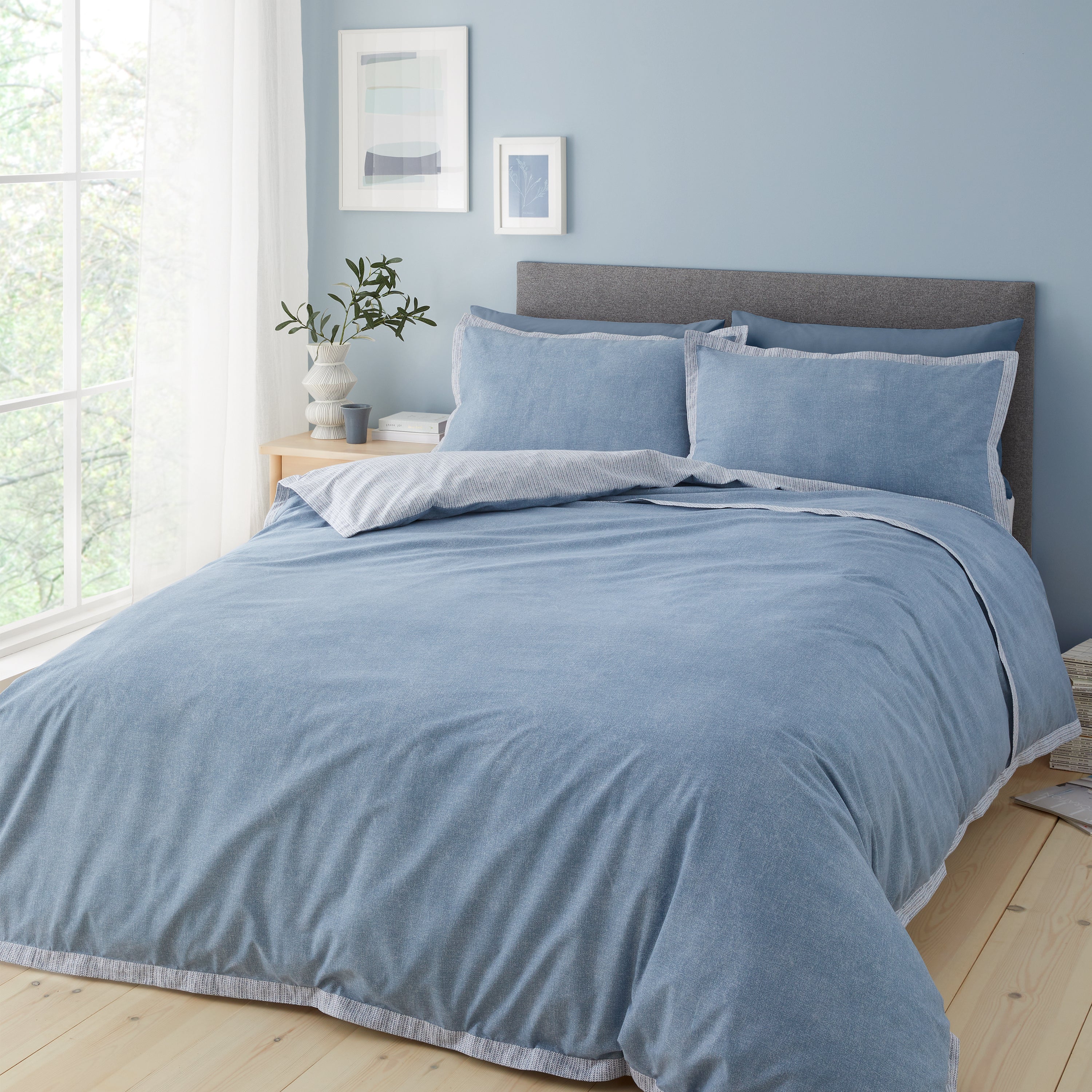 Catherine Lansfield Oslo Textured Trim Denim Blue Duvet Cover and Pillowcase Set Denim Blue Price Comparisons | Compare The Build