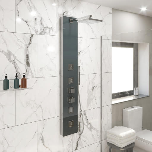 Merano Thermostatic Shower Tower Panel with Handset & 4 Body Jets - Grey Glass Price Comparisons | Compare The Build