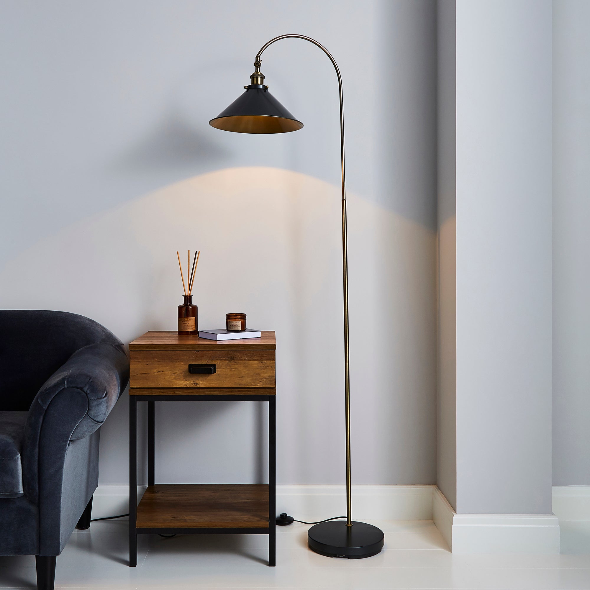 Logan Grey Industrial Floor Lamp Dark industrial Nickel, Antique Brass Price Comparisons | Compare The Build