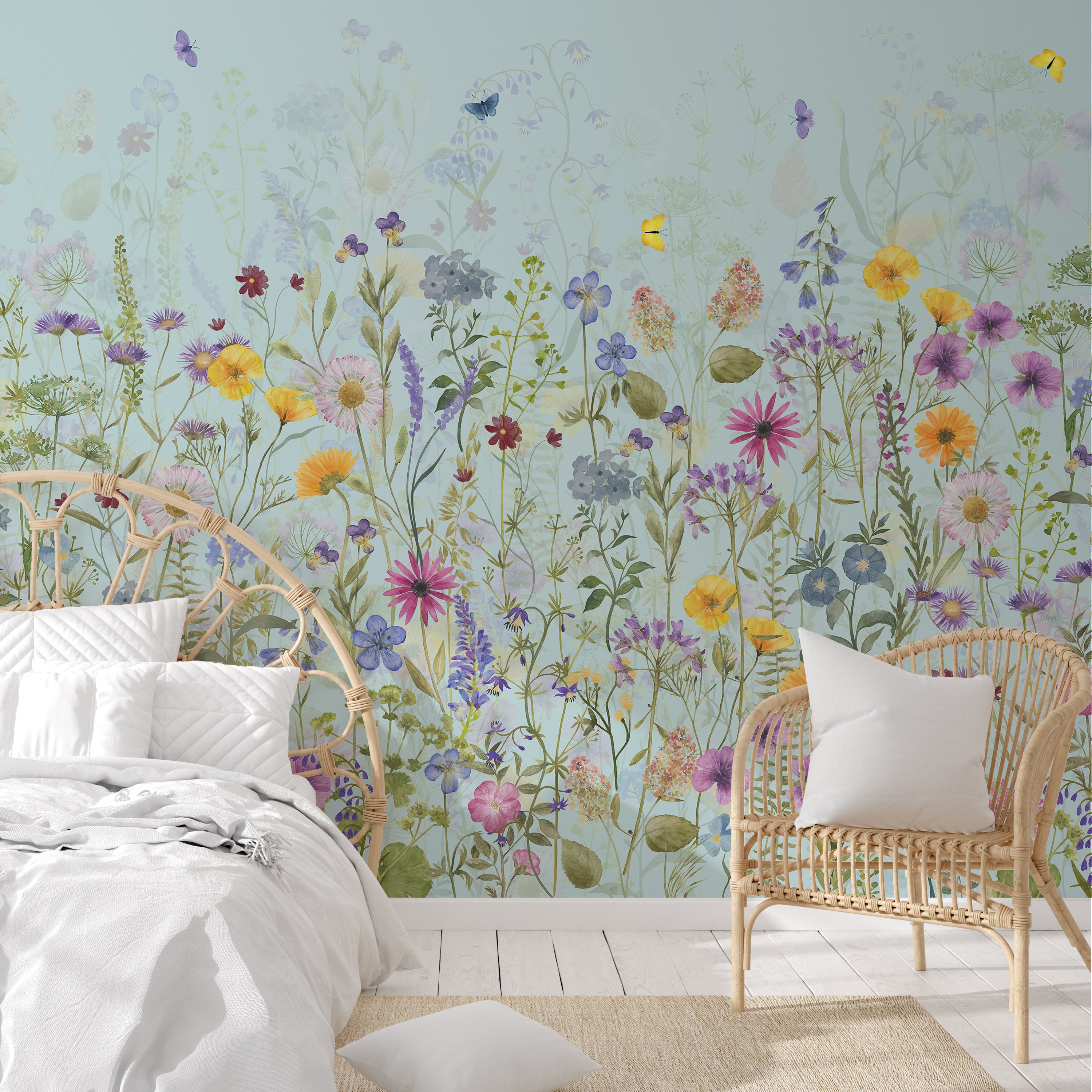 Spring Flowers Duckegg Blue Mural Blue/Green/Yellow | Compare The Build