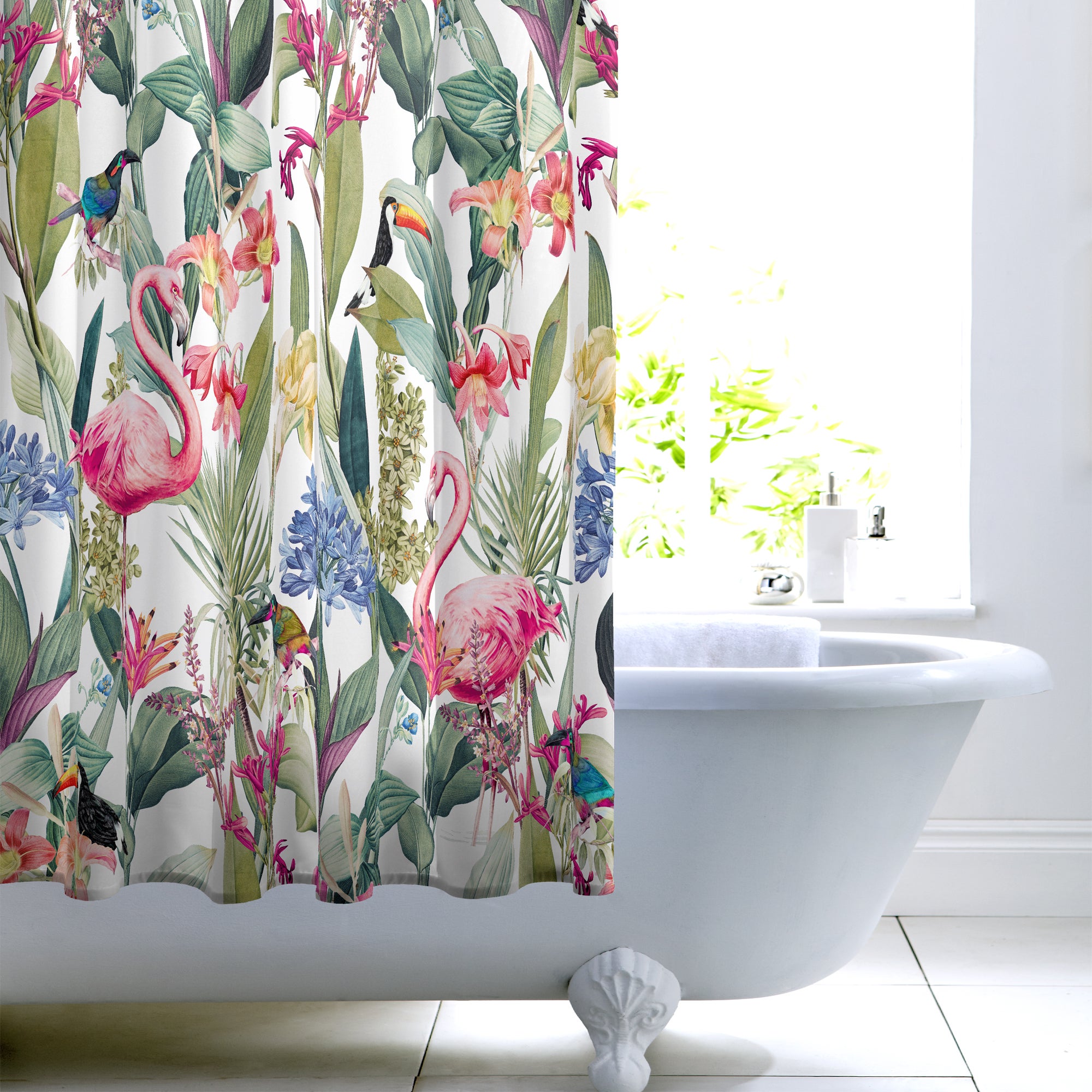 Tropical Garden Shower Curtain White/Green/Pink Price Comparisons | Compare The Build