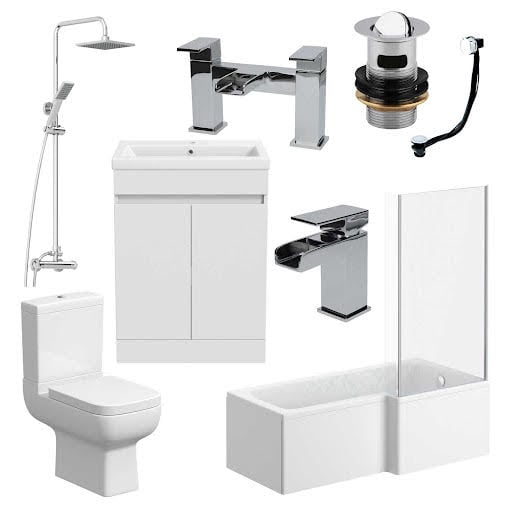 Amelie Bathroom Suite with L Shape Bath, Taps, Shower, Screen & Artis Vanity Unit - Right Hand 1700mm | Compare The Build